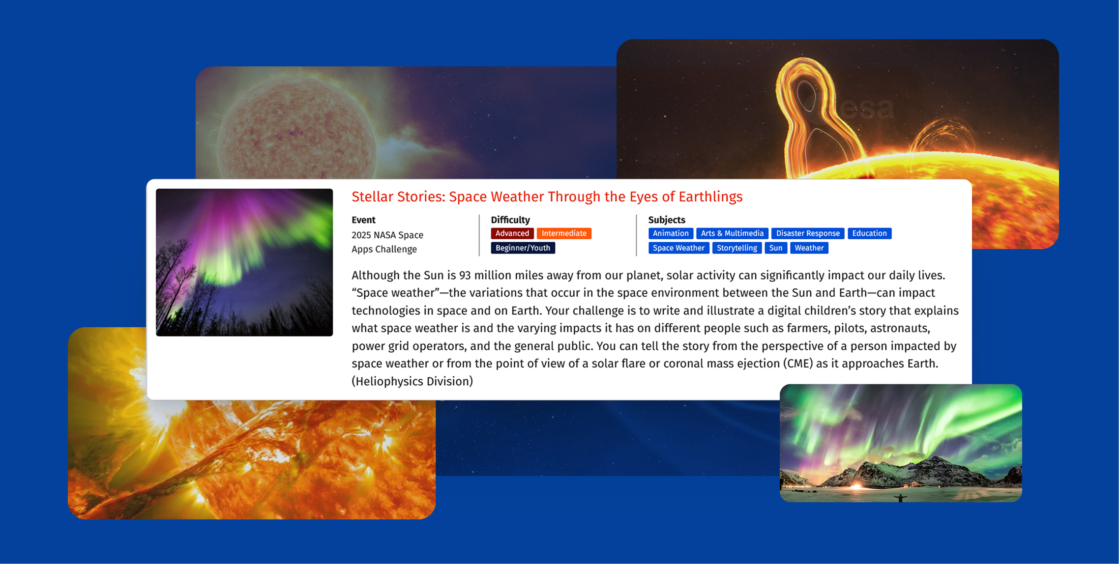 Capturas de tela com o desafio da NASA e fotos dos eventos a serem descritos