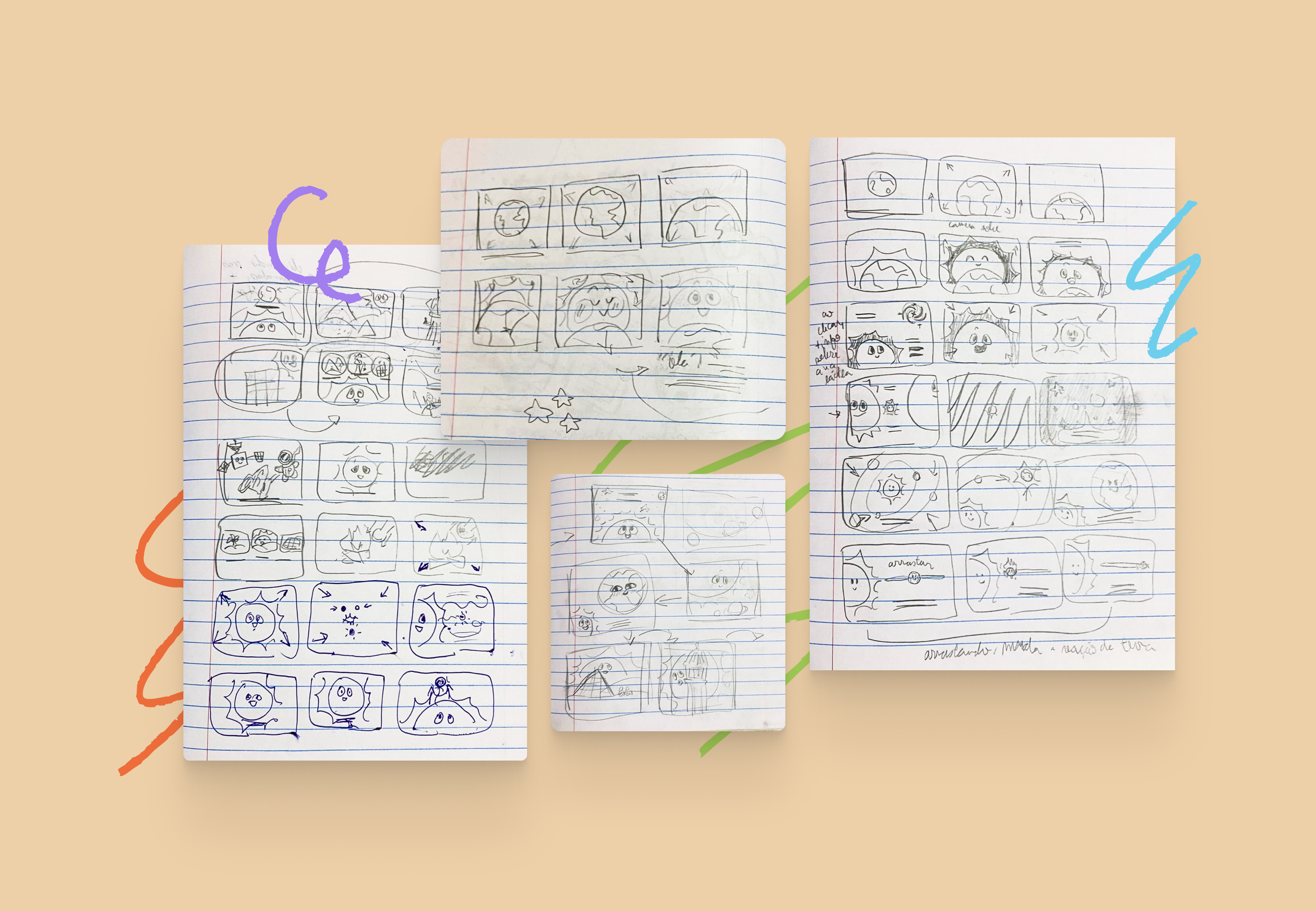 Reunião de rascunhos, feitos em papel e lápis, da história