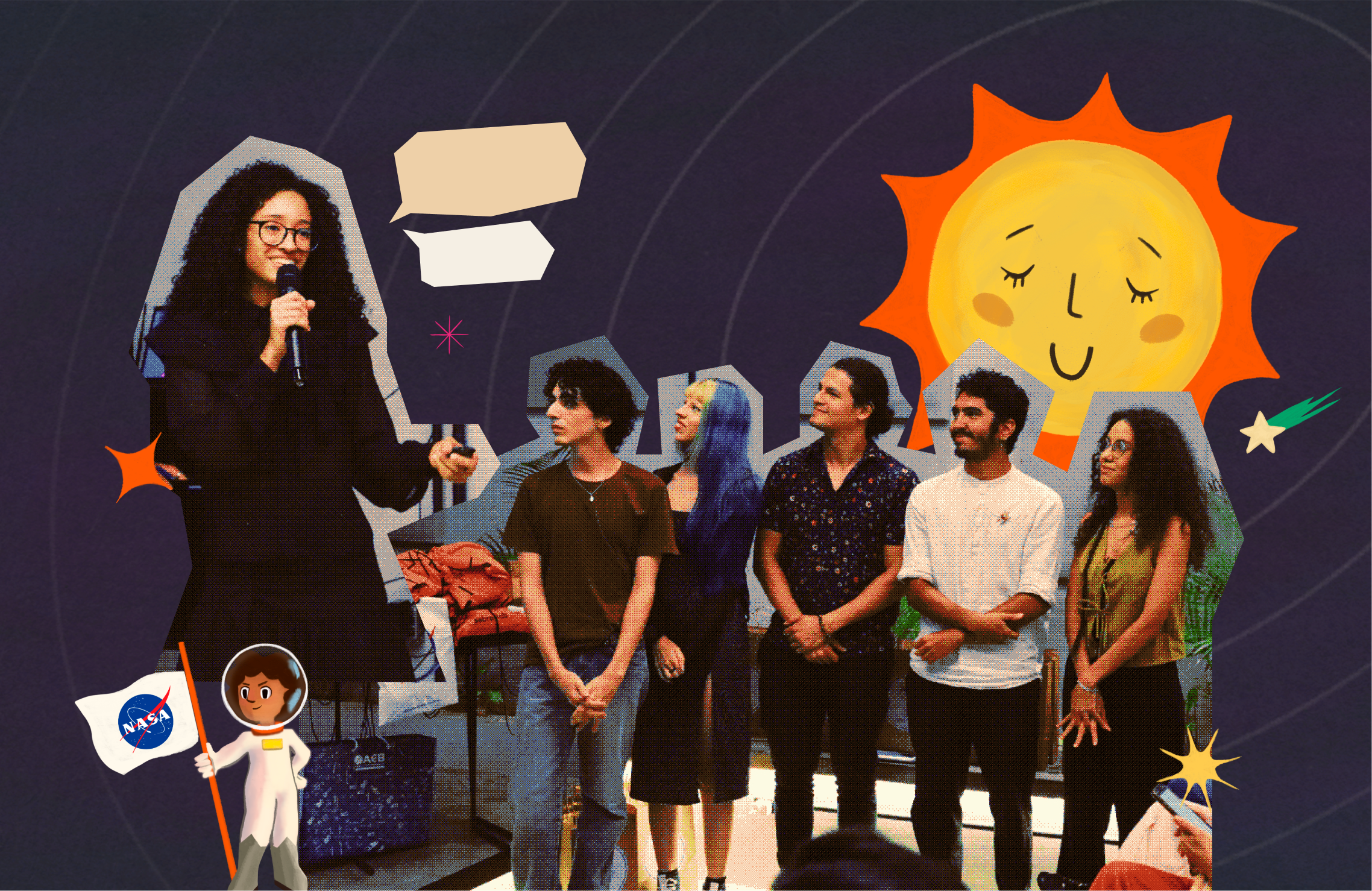 Colagem de fotografias do momento da apresentação, com Kyria Rebeca discursando com um microfone e passador de slides enquanto o resto da equipe assiste