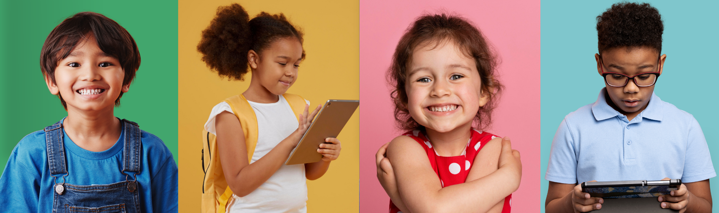 Crianças sorrindo e utilizando tablets sobre fundo colorido