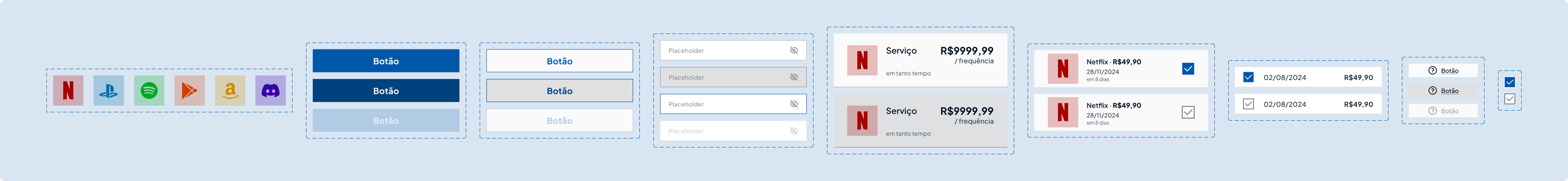 Componentes criados para o aplicativo, como botões, ícones e listas.
