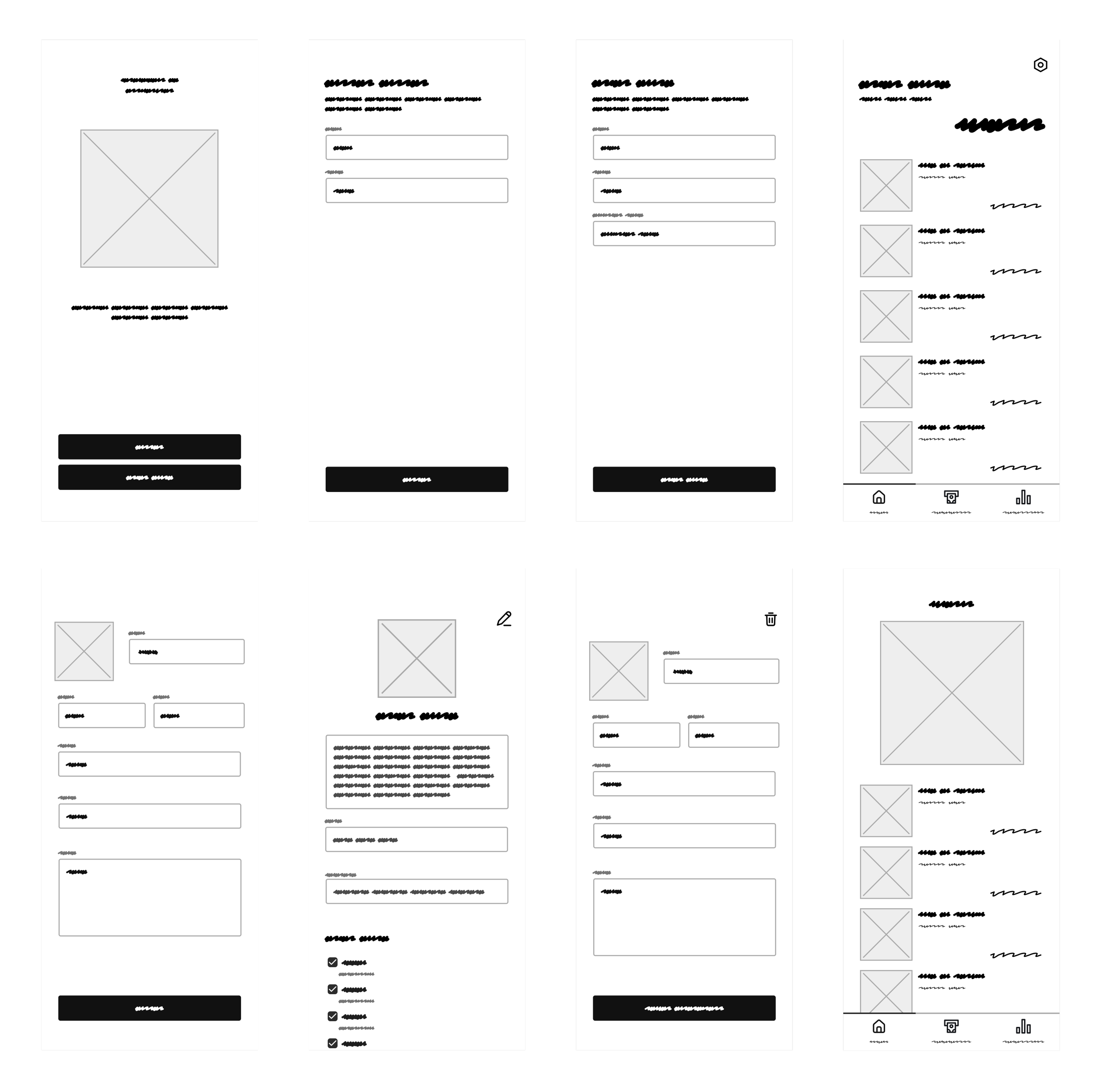 Wireframes de média fidelidade com esboços de telas do aplicativo