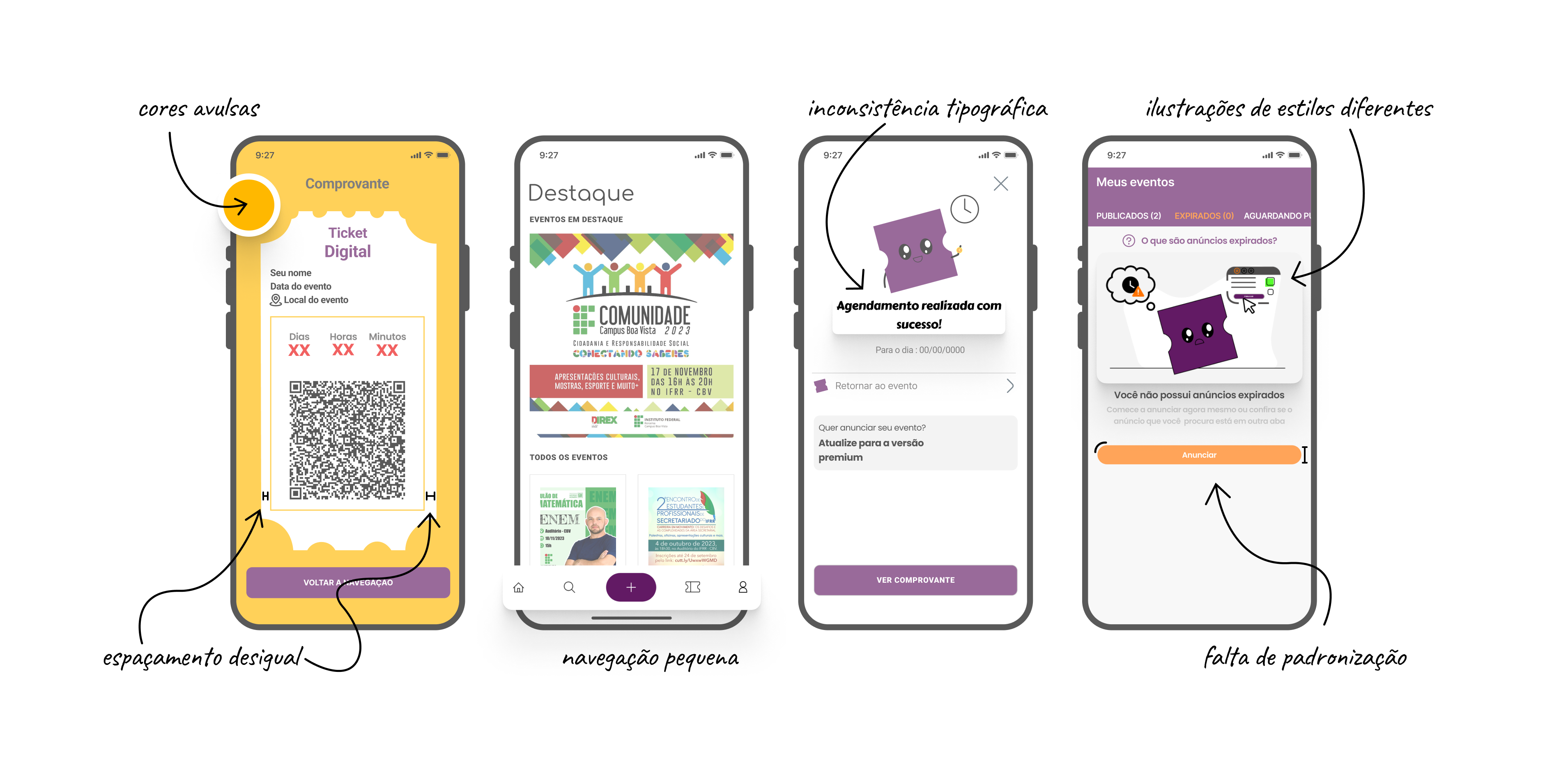 Mostras das inconsistências visuais no design do Ticket Inteligente, como cores diferentes para o mesmo elemento, fontes diferentes, espaçamentos diferentes e falta de documentação.