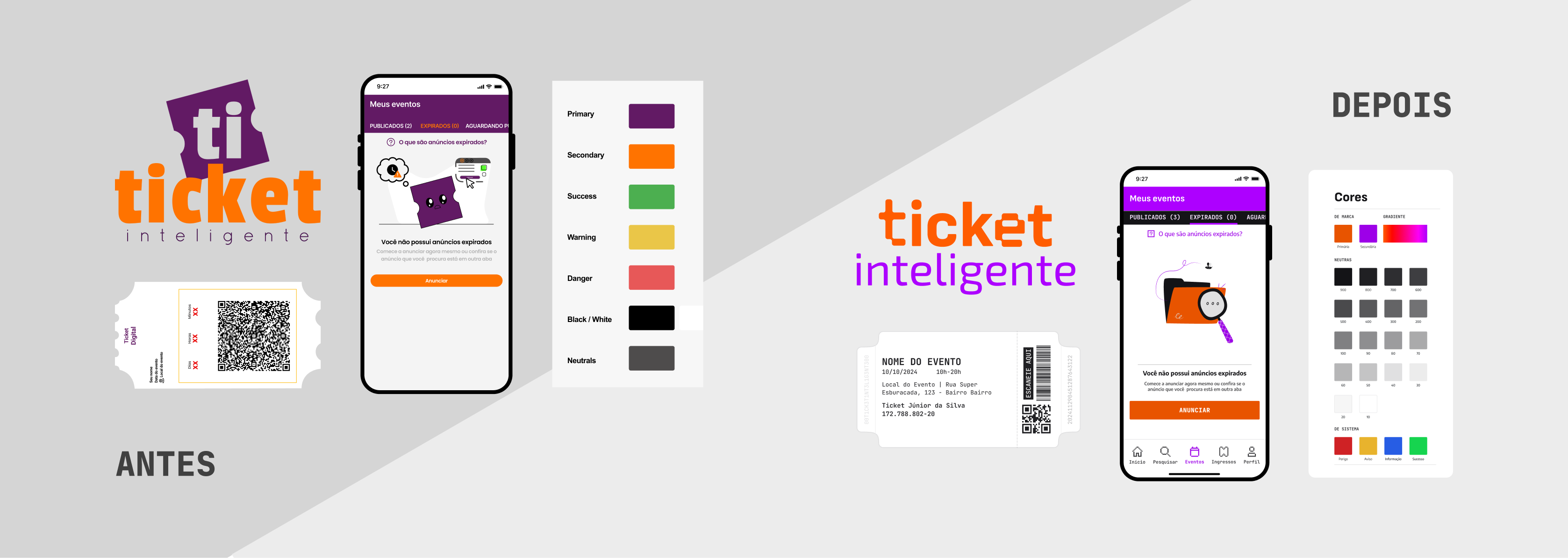 Mostra da identidade visual do Ticket Inteligente antes da minha intervenção, com cores desbotadas e aparência genérica, e depois da minha intervenção, com cores vibrantes e referências à história da equipe.