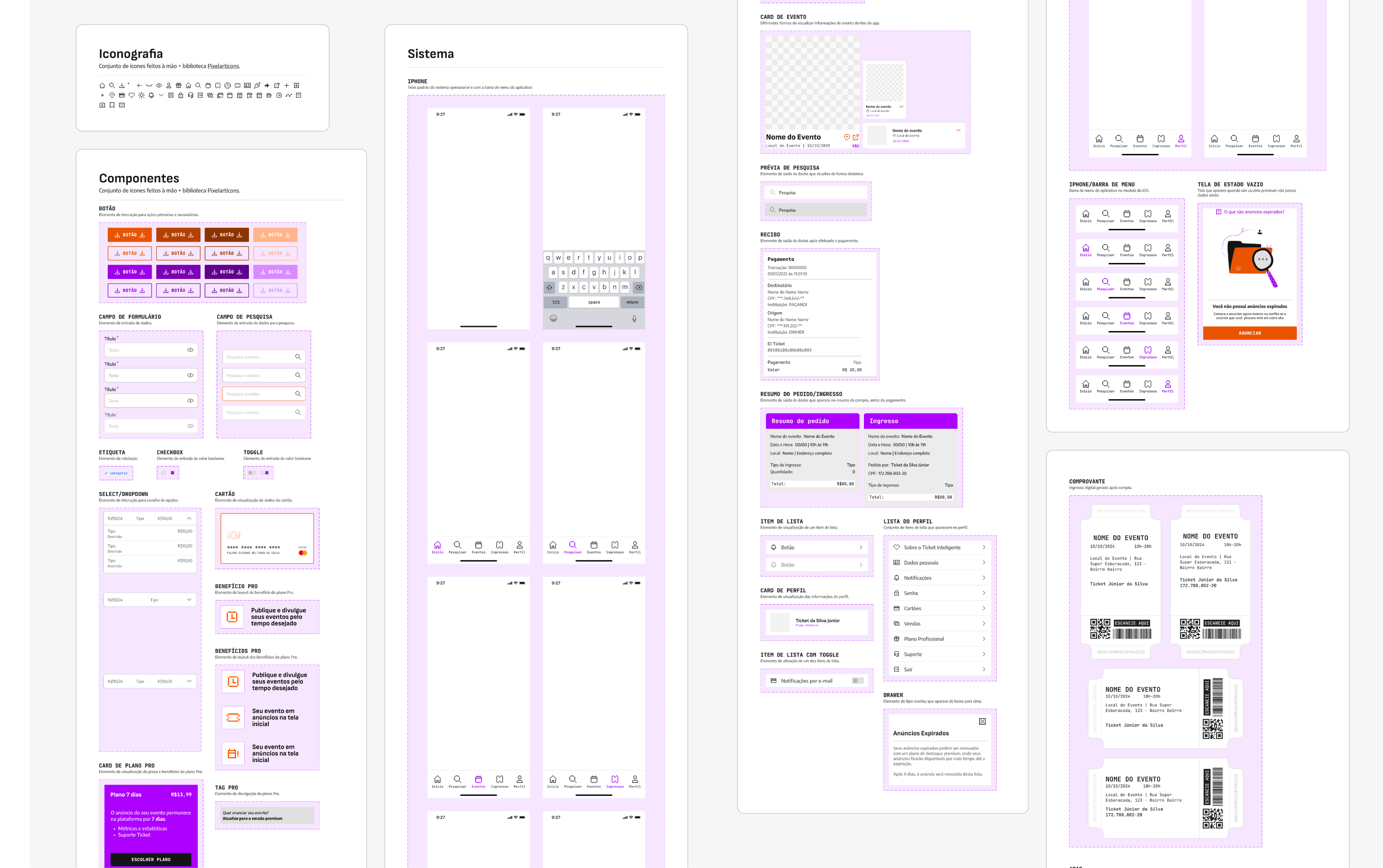 Mostra de alguns dos componentes criados para o Ticket Inteligente, como botões, campos de texto, ícones e outros elementos de interface.